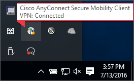 Hidden Icons menu on taskbar. The AnyConnect icon and its tooltip are highlighted.