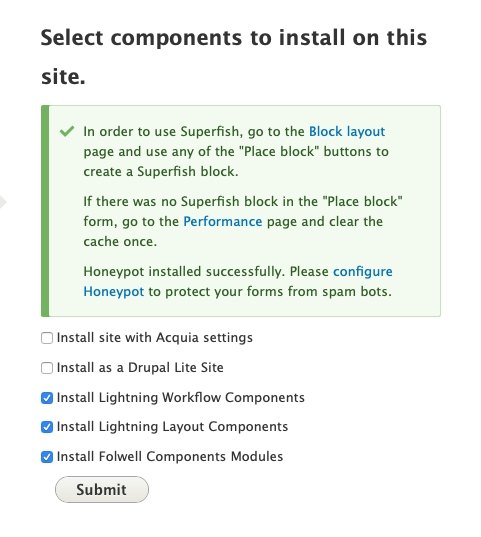The "Select components to install on this site" page is shown with the standard options checked.