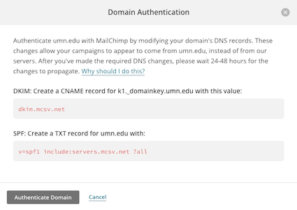 Mailchimp Domain Authentication screen