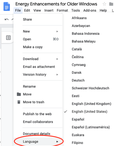 The language setting menu in Google Docs