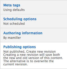 Drupal Content sub-menu. Content sub-menu includes Meta tags, Scheduling options, Authoring information, and Publish options. Publishing options is highlighted.