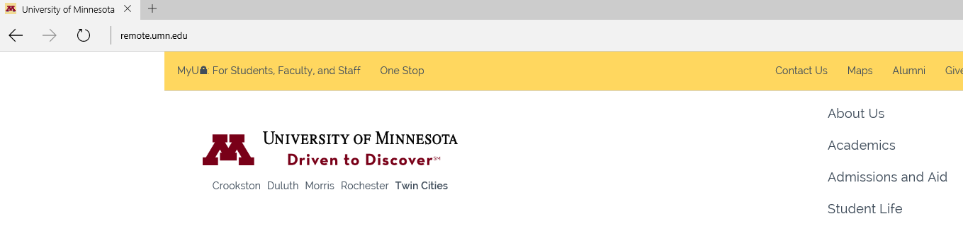 Close-up view of the web address bar in an Edge window with remote.umn.edu types in to it. 