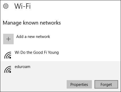 WiFi settings window open with the Forget button highlighted to forget a WiFi network