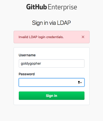 GitHub Enterprise login page is shown; a red warning is shown above the login fields that says "Invalid Login Credentials"