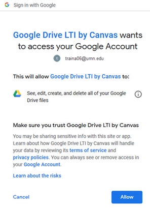 Canvas wants to access your Google Account window contains text about making sure you trust Canvas; links to Google Account info and to learning about the risks.