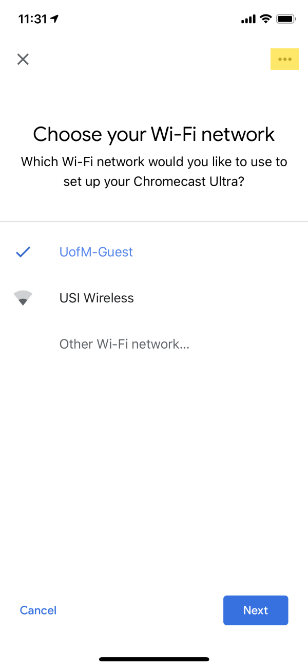 Choose your Wi-Fi network screen in the Google Home app. The three dot submenu is highlighted.