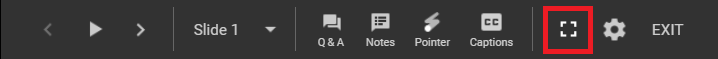 Google Slides Menu, full screen button is the third button from the right