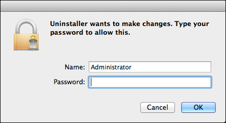 An administrator access window. The window has two empty text boxes labelled "Name" and "Password". There are two buttons, listing "Cancel" and "OK"