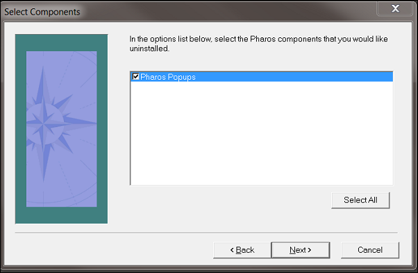 The Select Components window. The window has an options list, which lists "Pharos Popups" with a checkbox. There is a check in the checkbox. There are four buttons in the window listing "Select All", "Back", "Next", and "Cancel".