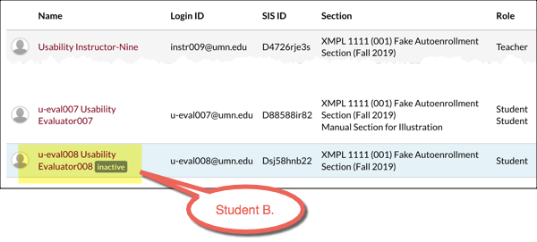 The People page in Canvas with one student record highlighted. The student record shows a little flag that says "Inactive" next to the student's name