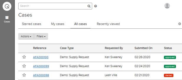 Jadu CXM Case list view with sample cases