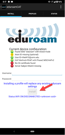 Eduroam CAT app. Install highlighted.