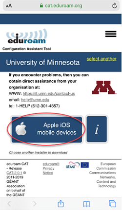 eduroam CAT website. "Apple iOS Devices" button is highlighted.