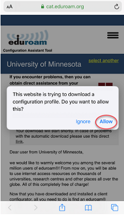 Permission to download the configuration profile pop-up. "The website is trying to download a configuration profile. Do you want to allow this? Ignore | Allow" The Allow button is highlighted