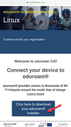 cat.eduroam.org website. 'Click here to download your eduroam installer' button is highlighted.