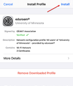 Eduroam configuration profile in the Profile Settings of the iOS device. The "Install" option highlighted