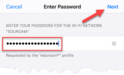Partial view of the Enter Password page with dots filled in the password field. The Next button highlighted.