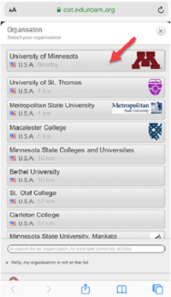 List of participating institutions compatible with eduroam. University of Minnesota is highlighted.