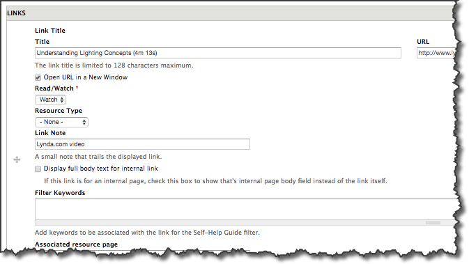 Drupal editor screen for adding links in the self-help guide