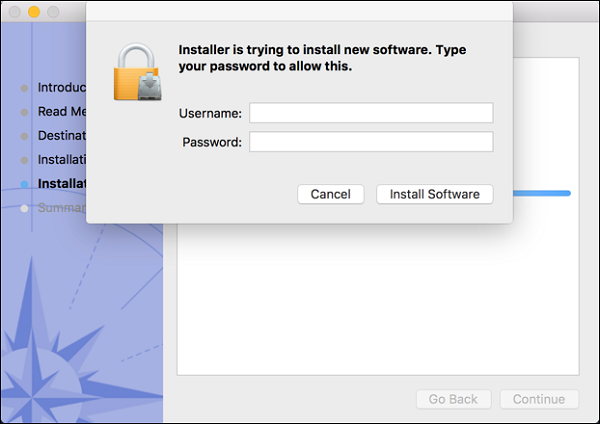 An administrator access window. The window has two empty text boxes labelled "Username" and "Password". There are two buttons, listing "Cancel" and "Install Software".