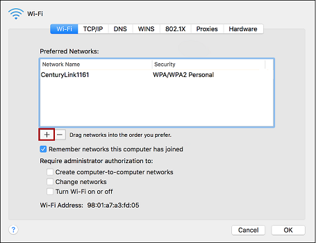 Advanced Wi-Fi settings window. The Add a network button is highlighted.