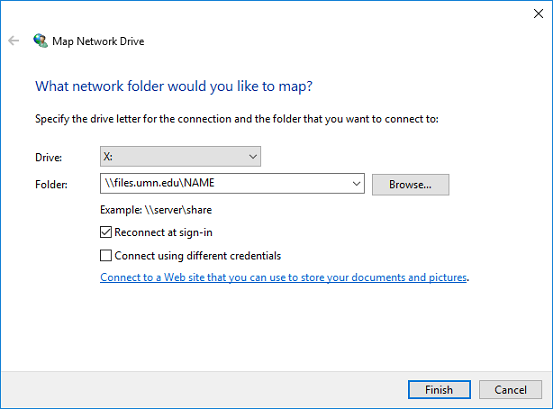 Map Network Drive wizard. Examples of available drive letter and folder paths are given. 