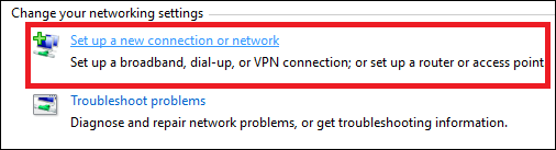 the "Set up a new connection or network" option in the "Change your networking settings" window