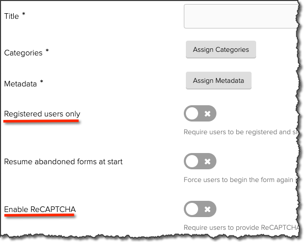 Create New Form dialog window with the Registered Users Only and the Enable Recaptcha settings highlighted.