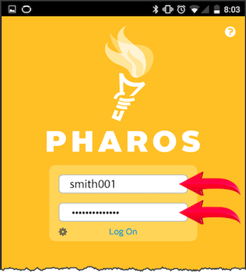 The Pharos Print app with the Username and Password fields highlighted. 