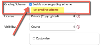 Grading scheme check box to "enable course grading scheme" and highlighted link to "set grading scheme"