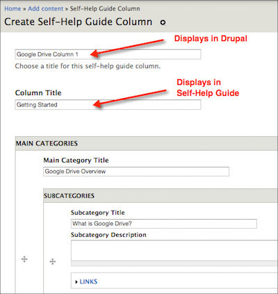 Self-Help Guide Columns content type with the Title and the Column Title highlighted.