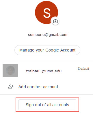 Google account drop-down menu; sign out of all accounts button highlighted