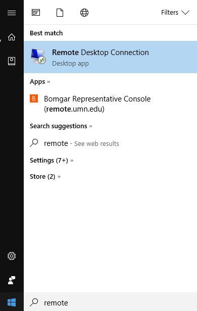 Opening remote desktop connection from the start menu