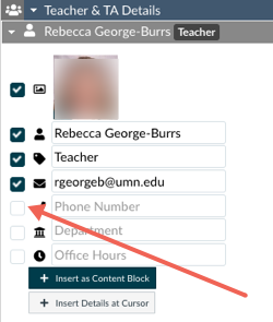 teacher content block with check boxes checked for name, title, and email; boxes left  unchecked for phone number, department, and office hours
