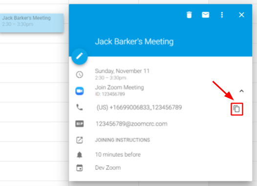 Zoom meeting details event pop-up with included zoom informatioh. Copy link icon highlighted.